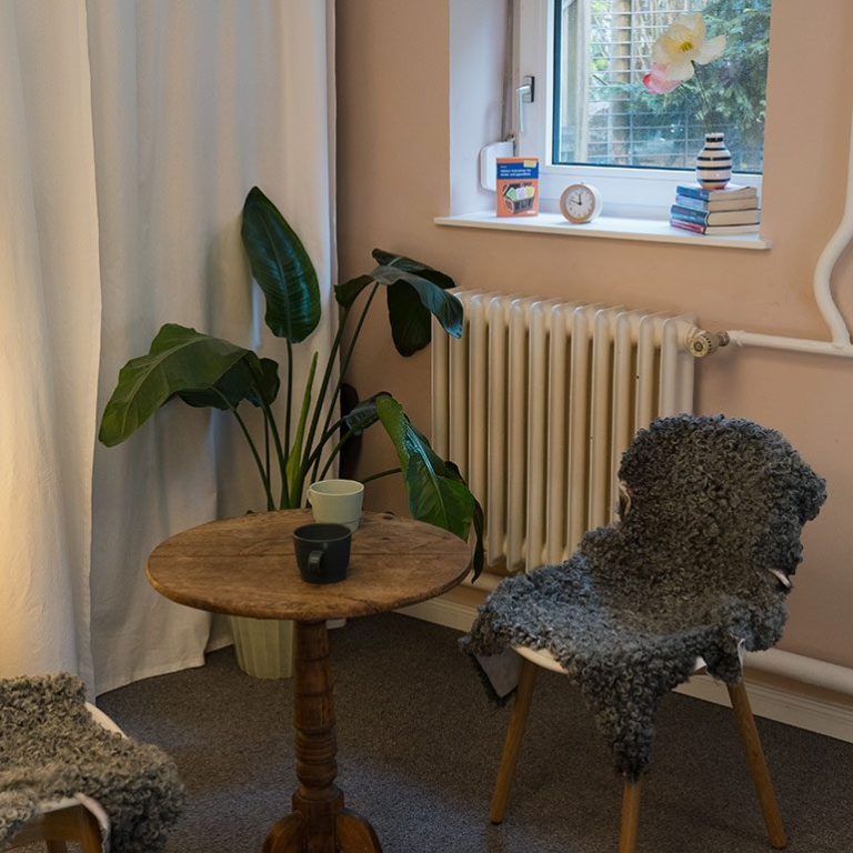 Gemütliche Beratungsraum mit Holztisch, Stühlen mit Schaffell und grüner Pflanze.